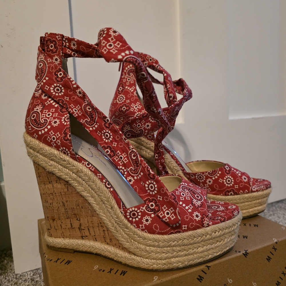 Red Patterned Wedge Sandals By Jessica Simpson